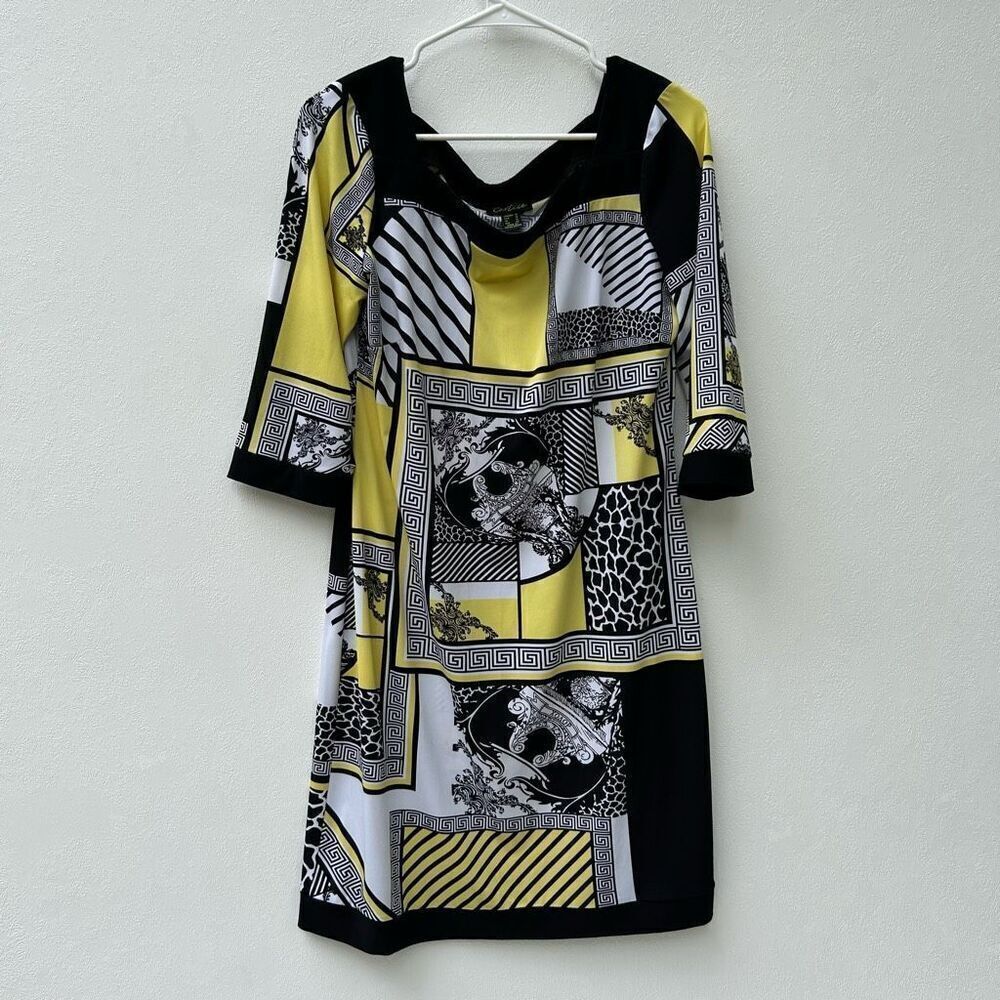 Cartise Geometric Patchwork Print Dress Black Yellow White Size 10 US